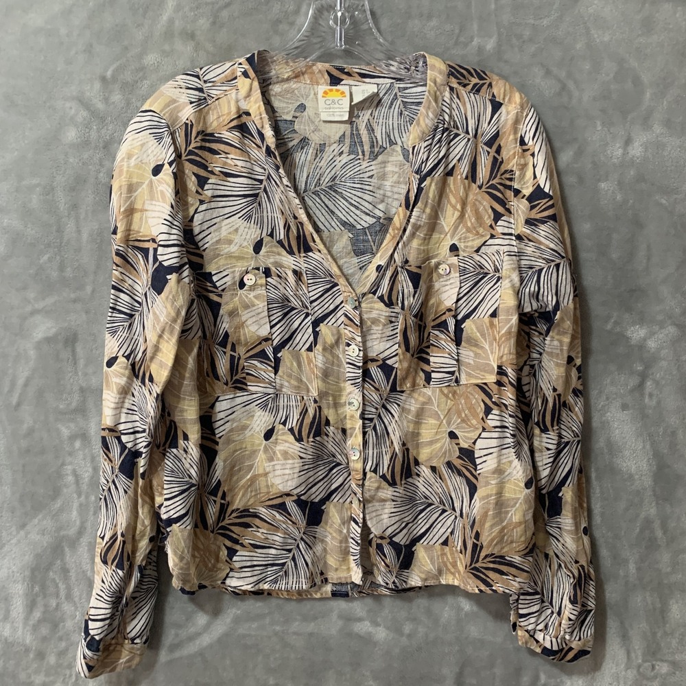 C&C‎ California Womens S Linen Button Up Blouse Tropical Leaf Print Long Sleeve
